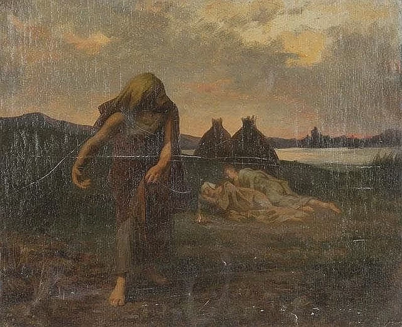 Personaggi addormentati davanti ai pagliai